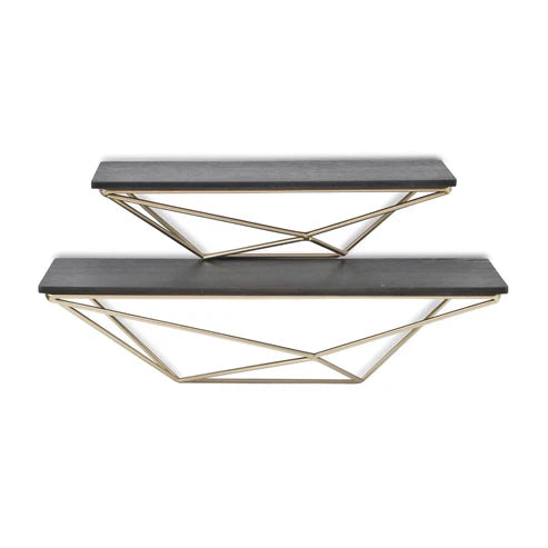 Set Of Two Black and Gold Wood and Metal Modern Wall Mounted Accent Shelves