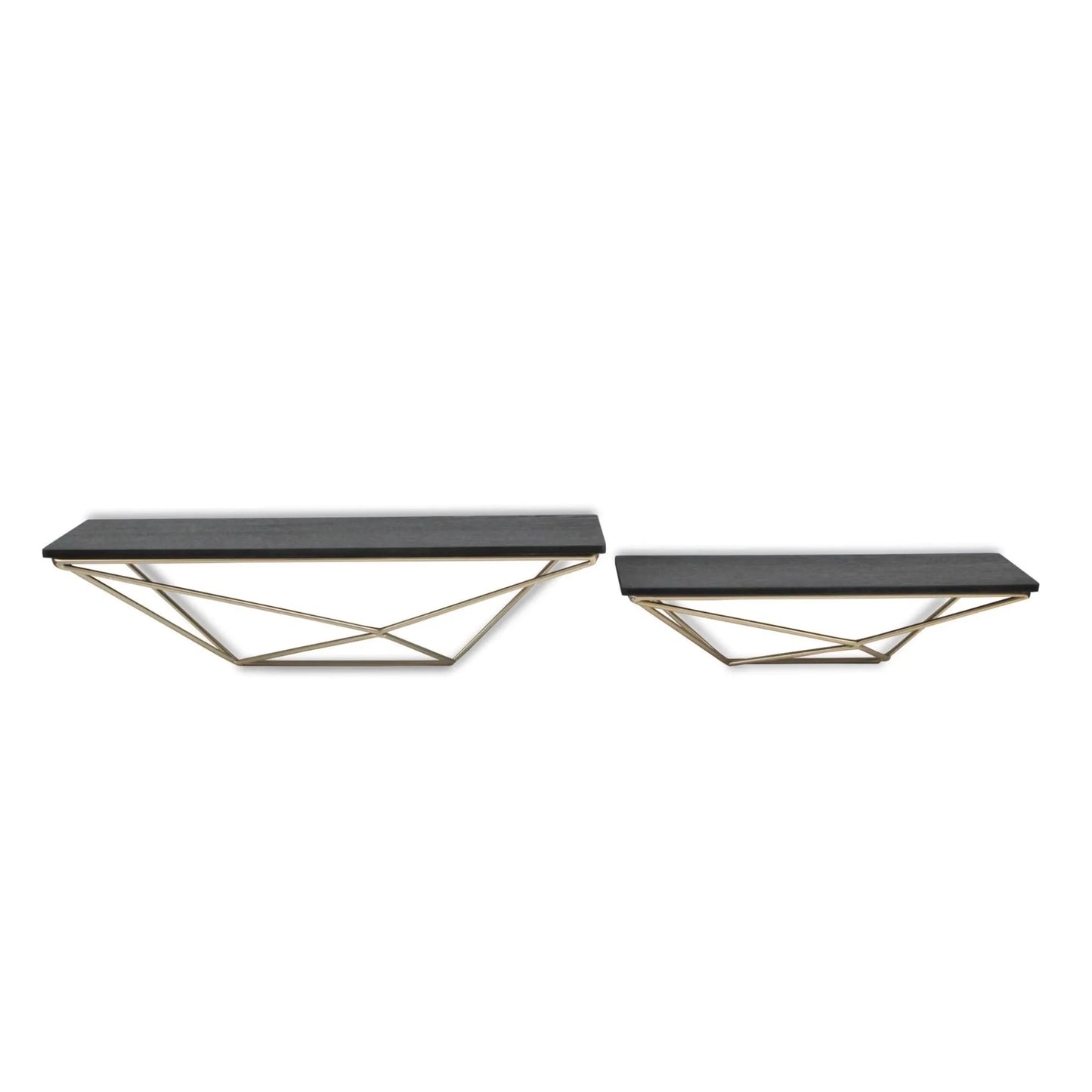 Set Of Two Black and Gold Wood and Metal Modern Wall Mounted Accent Shelves - Nobiliving