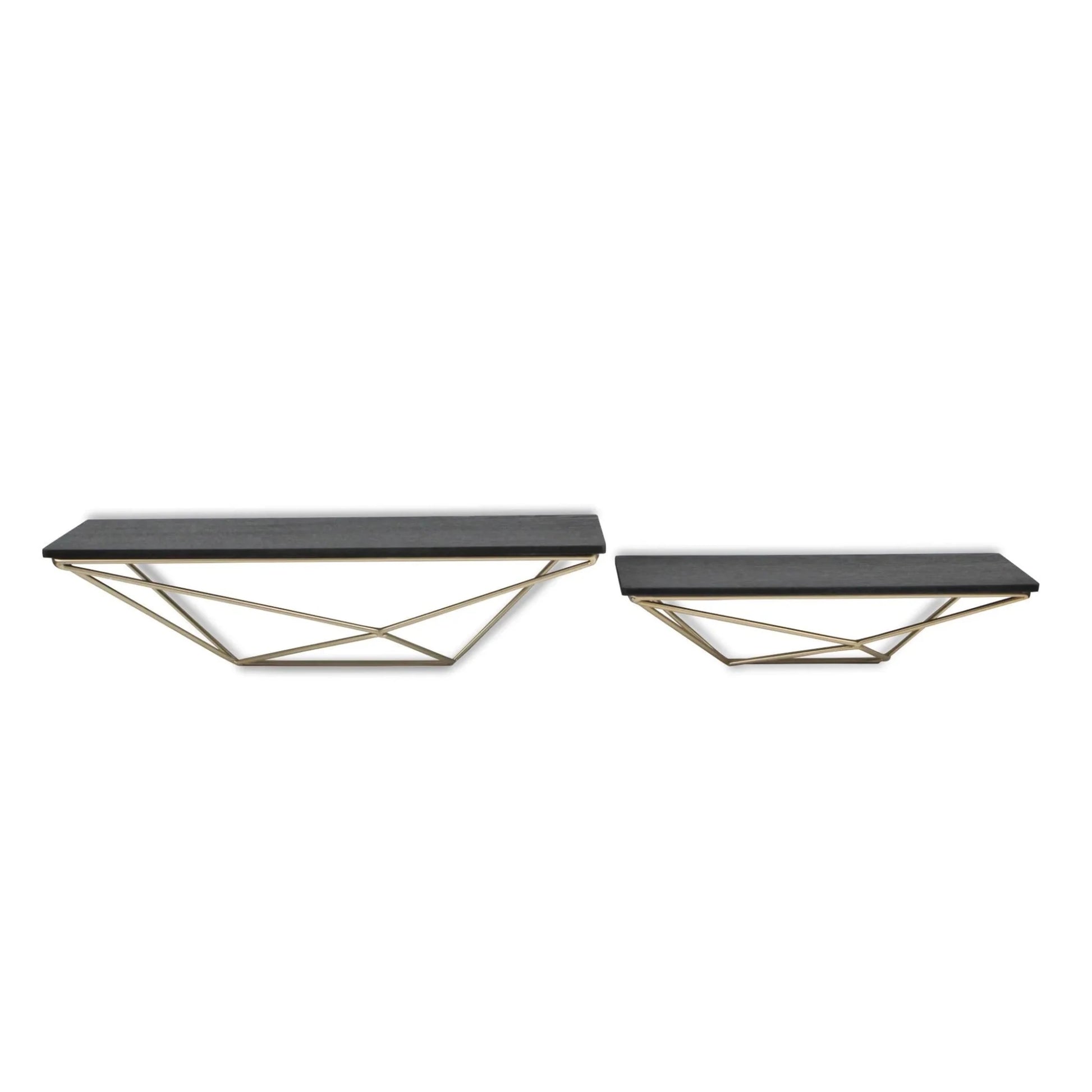 Set Of Two Black and Gold Wood and Metal Modern Wall Mounted Accent Shelves - Nobiliving