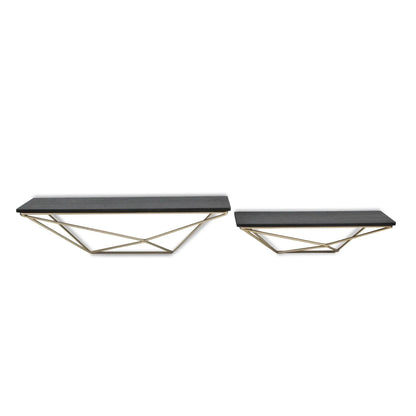 Set Of Two Black and Gold Wood and Metal Modern Wall Mounted Accent Shelves - Nobiliving