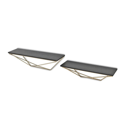 Set Of Two Black and Gold Wood and Metal Modern Wall Mounted Accent Shelves - Nobiliving
