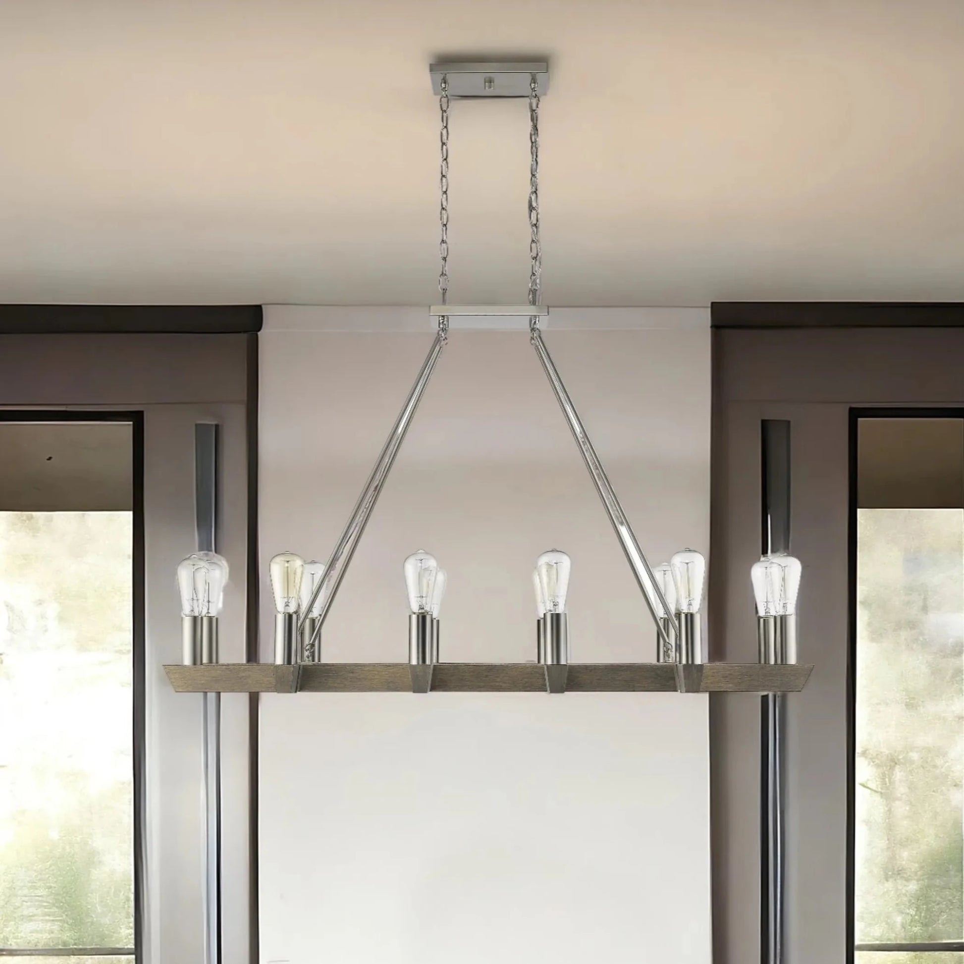 Silver Kitchen Island Twelve Light Metal Dimmable Chandelier - Nobiliving