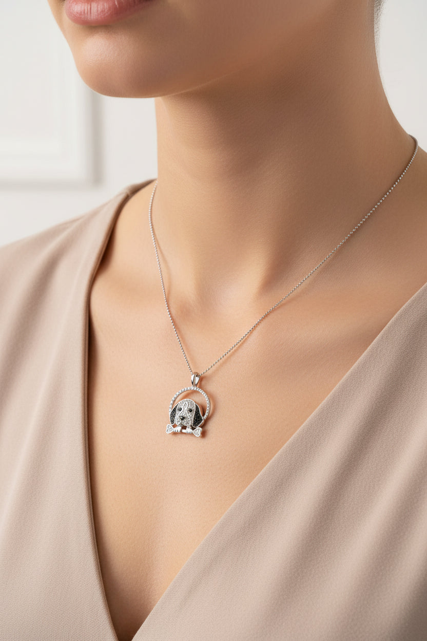 White and Black Diamond Beagle Dog and Bone Pendant Necklace - Nobiliving